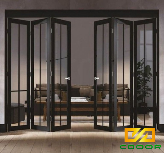Cửa thông phòng kính nhôm hệ 63 Xingfa màu đen 6 cánh