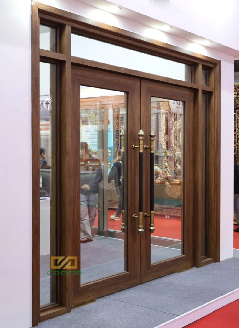 Mẫu cửa nhôm Maxpro hệ thủy lực màu vân gỗ sồi